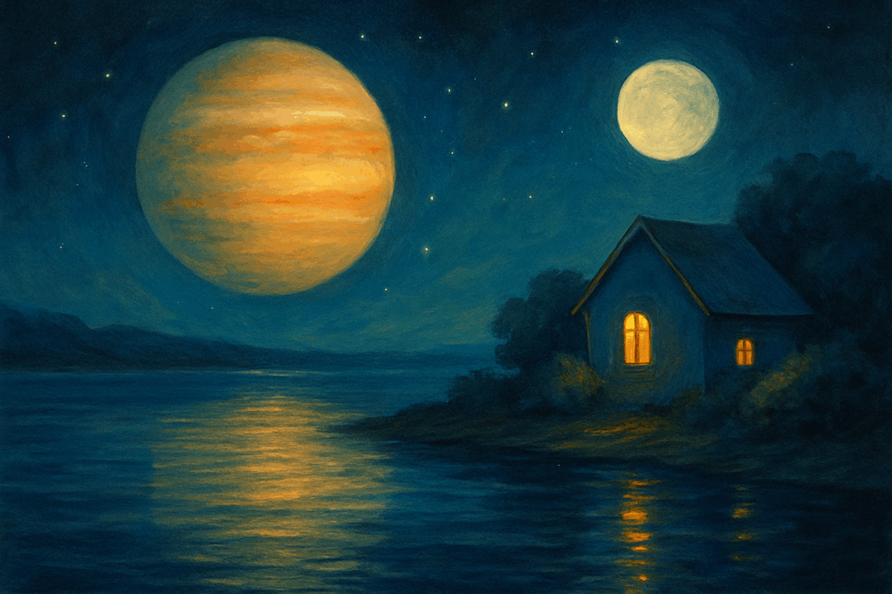 Illustrazione simbolica del transito di Giove in Cancro: casa immersa in un paesaggio notturno, sotto la luna piena, con atmosfera di introspezione e radicamento