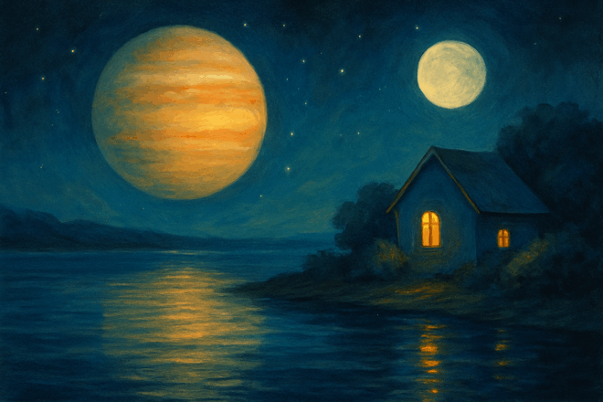 Illustrazione simbolica del transito di Giove in Cancro: casa immersa in un paesaggio notturno, sotto la luna piena, con atmosfera di introspezione e radicamento