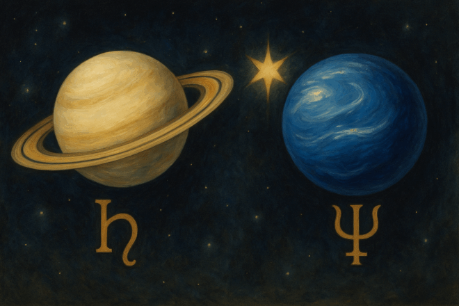 Simbolo astrologico della congiunzione Saturno–Nettuno in Ariete, con riferimento all’emergere di visioni collettive e nuove strutture ideali.