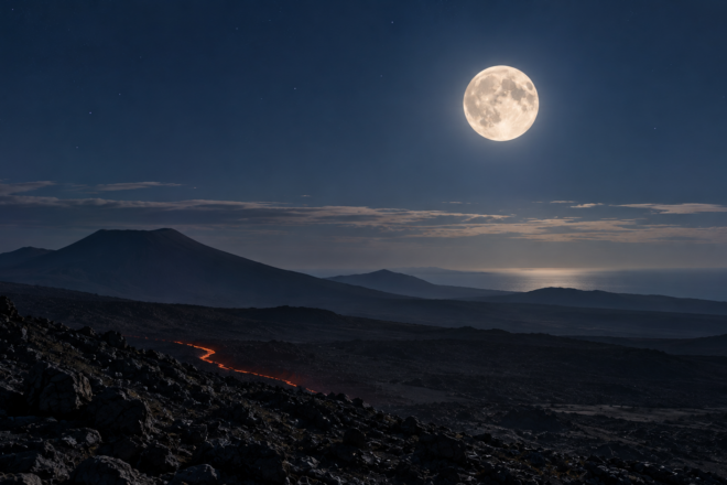 Luna piena in Ariete: la Luna che illumina una fiamma solitaria su un terreno roccioso.